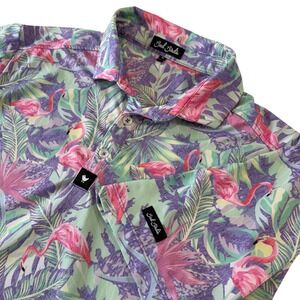 Bad Birdie Mens Flamingo Tropical Hawaiian Print Golf‎ Performance Polo Size M